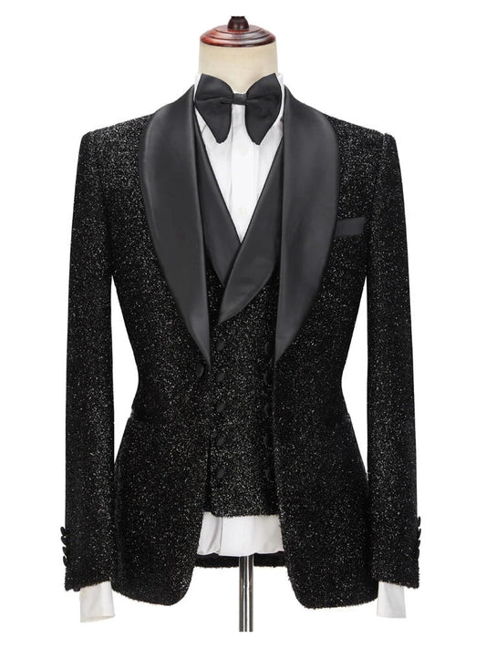 Sparkly Black 3 Piece Shawl Lapel Bespoke Suit