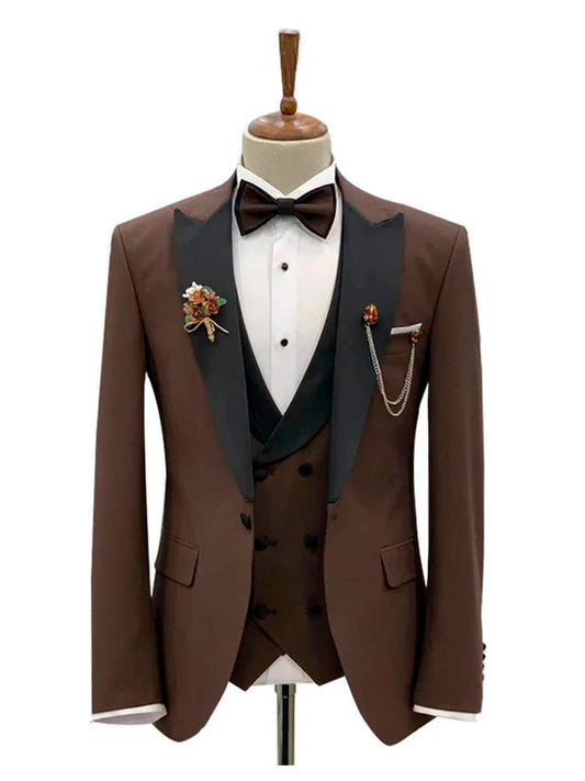 Brown Tuxedo 3 Piece Suit With Black Lapel