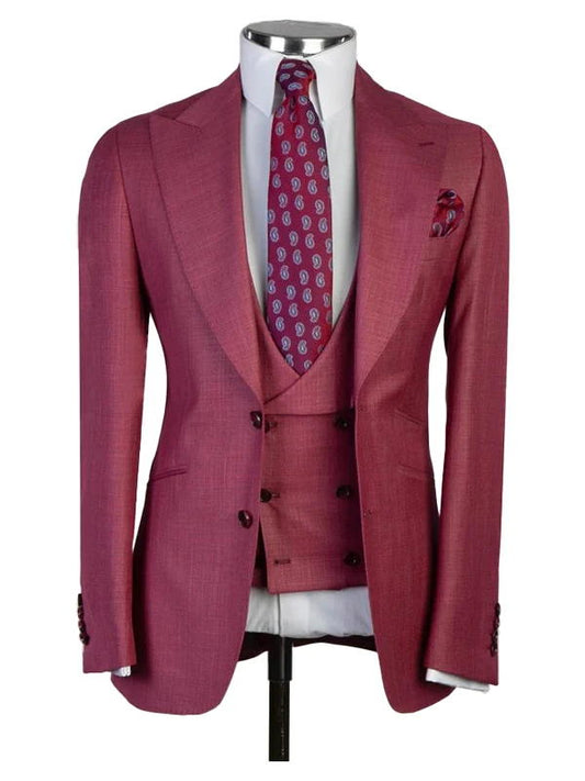 Burgundy Peaked Lapel 3 Pieces Men Suits