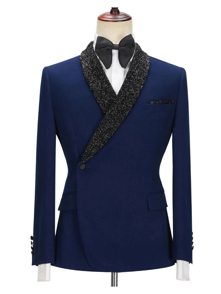 Navy Blue Sparkle Shawl Lapel Two Piece Men Suits