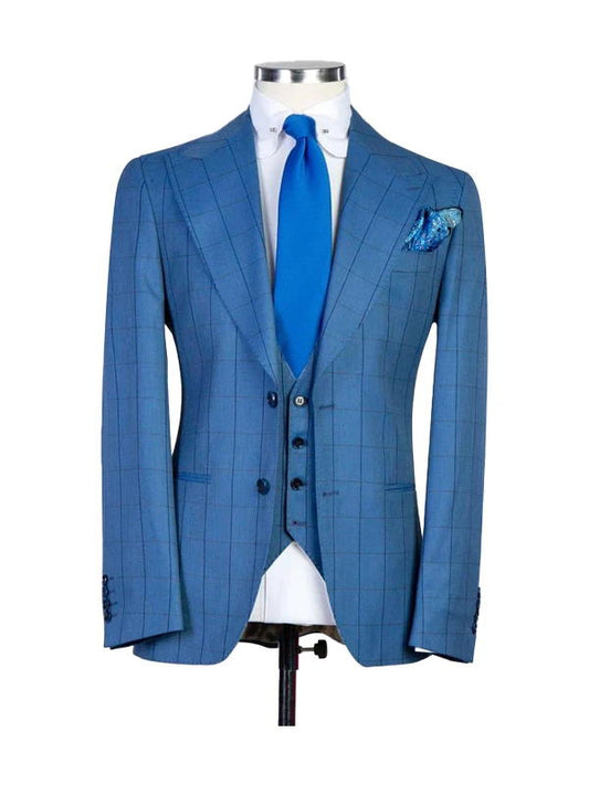 Blue Plaid Peak Lapel Single Breasted 3 Pieces Suits