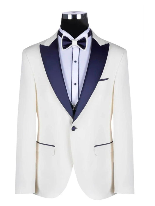 Elegant White with Blue Satin Peak Lapel Tuxedo 3 Piece Suit