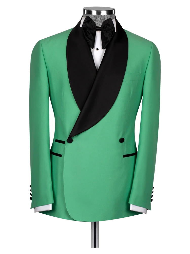 Green One Button Satin Black Collar Men Two Piece Suits