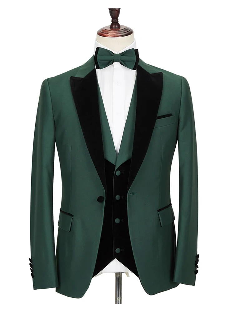 Green 3 Piece Wedding Blazer With Black Peak Lapel For Groom