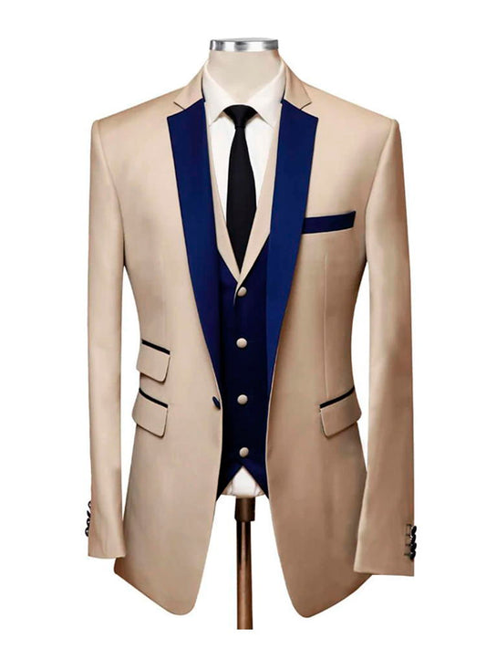 Khaki Party 3 Piece Suit With Blue Notch Lapel