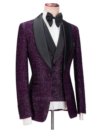 Bespoke Dark Purple Sparkle Shawl Lapel 3 Pieces Men Suits