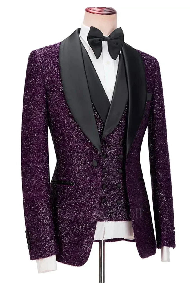 Bespoke Dark Purple Sparkle Shawl Lapel 3 Pieces Men Suits