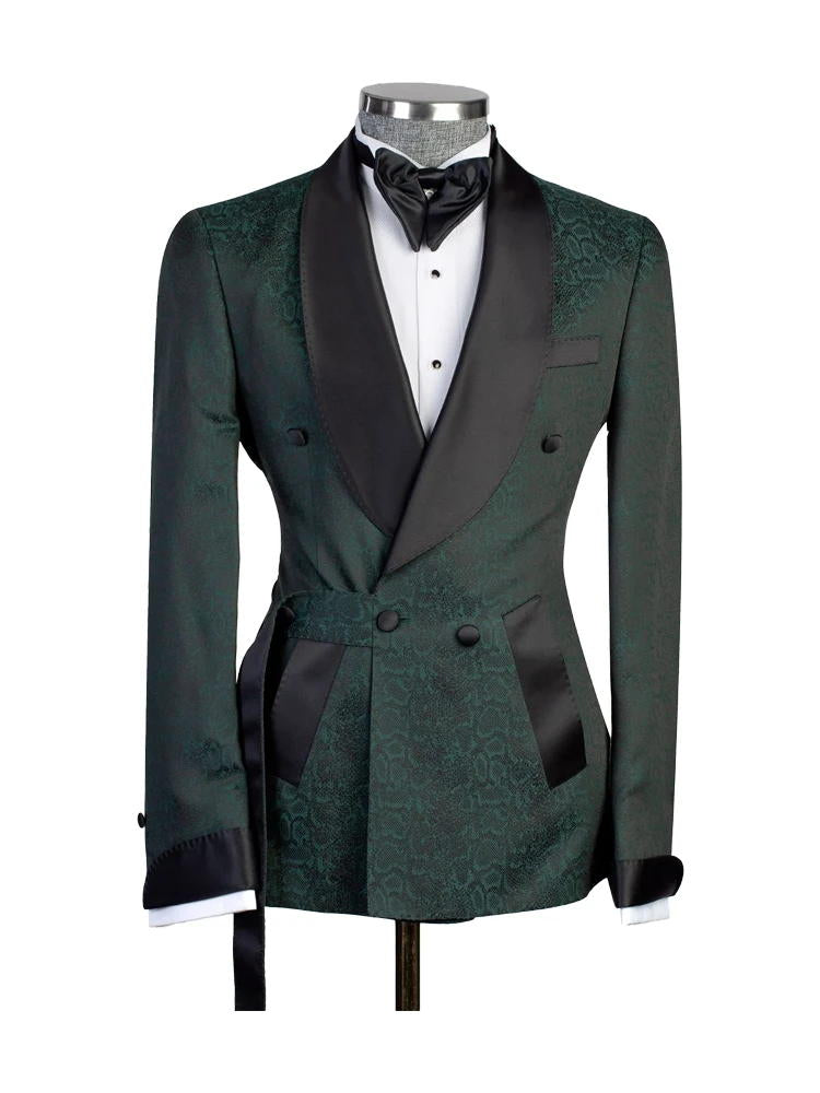 Green Jacquard Belted Tuxedo Suit