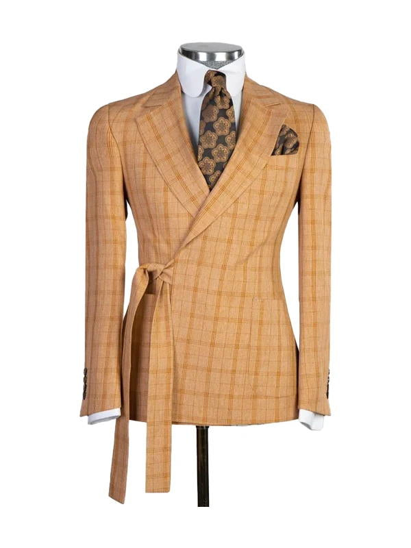 Orange 2 Piece Fashion Belted Notch Lapel Plaid Suit