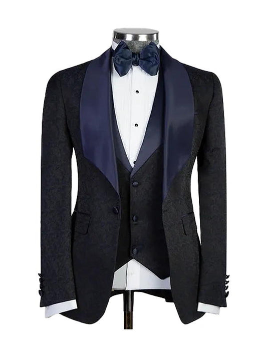 Black 3 Piece Bespoke  Jacquard Shawl Lapel Suit