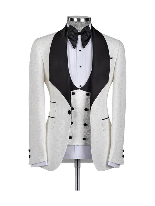 White 3 Piece Jacquard Slim Fit Shawl Lapel Wedding Suits