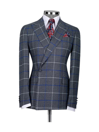 Blue 2 Piece Plaid Double Breasted One Button Suit