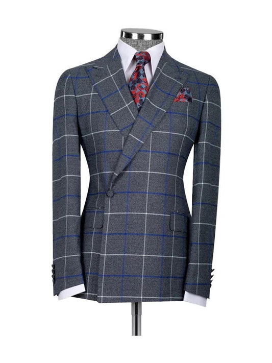 Blue 2 Piece Plaid Double Breasted One Button Suit