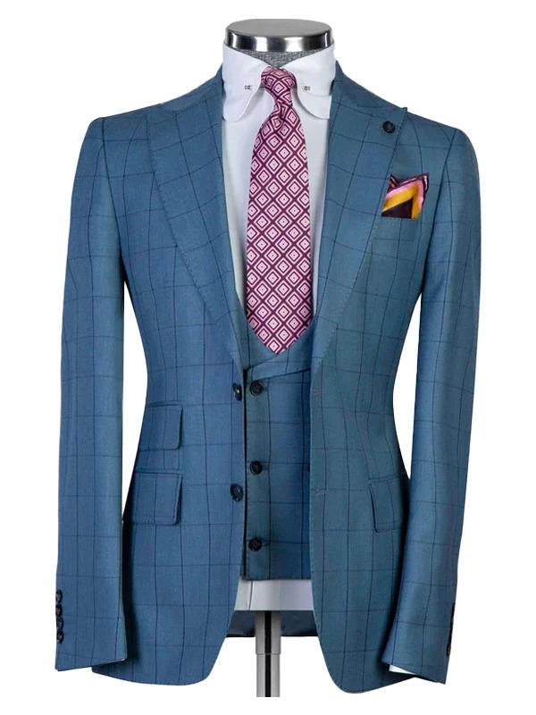 Blue Peak Lapel Single Breasted Plaid Man Suit