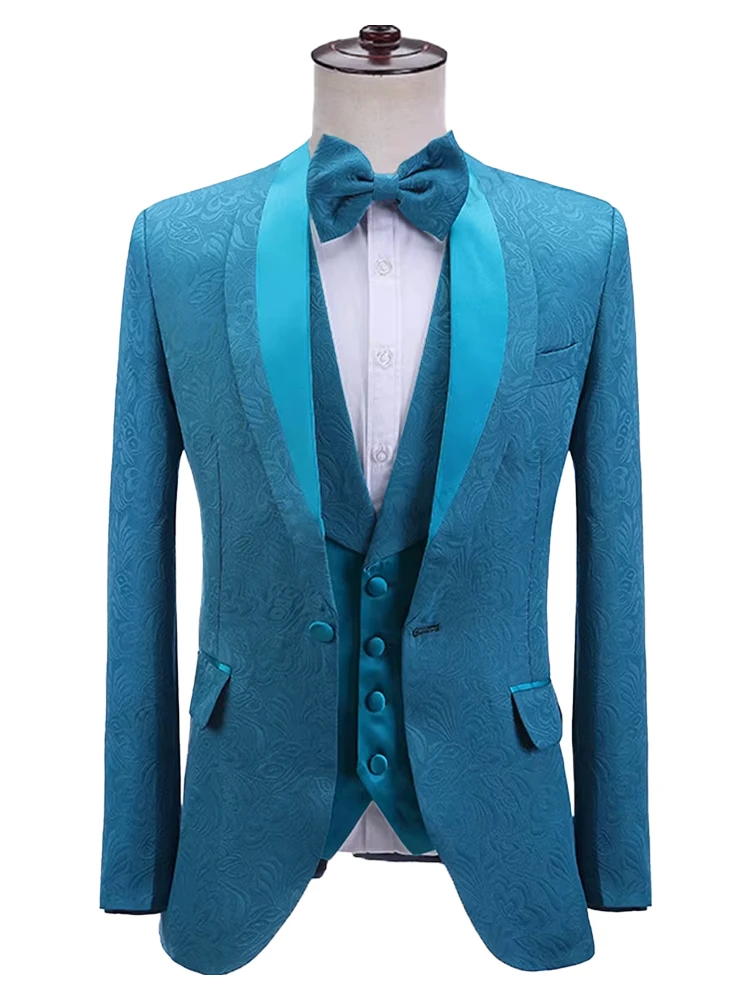 Blue Jacquard Shawl Lapel Slim Fit Wedding 3 Piece Suit