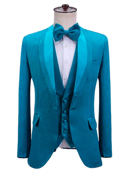 Blue Jacquard Shawl Lapel Slim Fit Wedding 3 Piece Suit