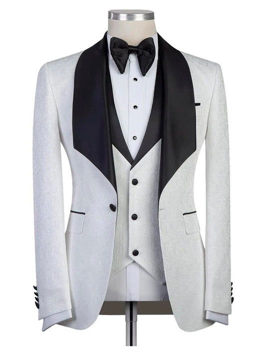 White With Black Shawl Lapel Wedding Groom 3 Piece Suits