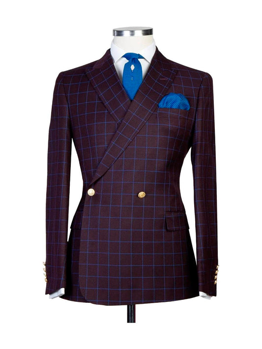 Dark Brown 2 Piece Plaid Dark Double Breasted Peak Lapel Suit