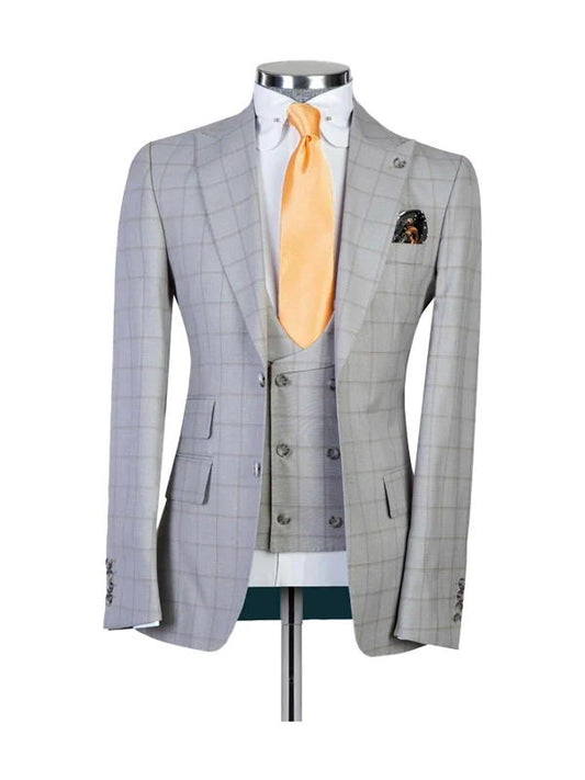 Grey Slim Fit Peak Lapel Single Breasted Plaid Man Suit