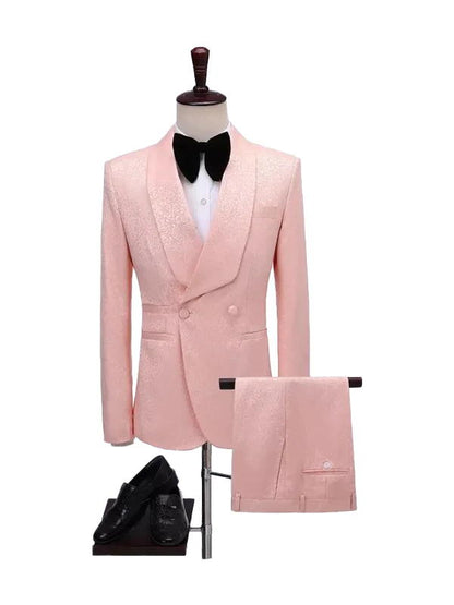 Pink 2 Piece Double Breasted Jacquard shawl Lapel Suits