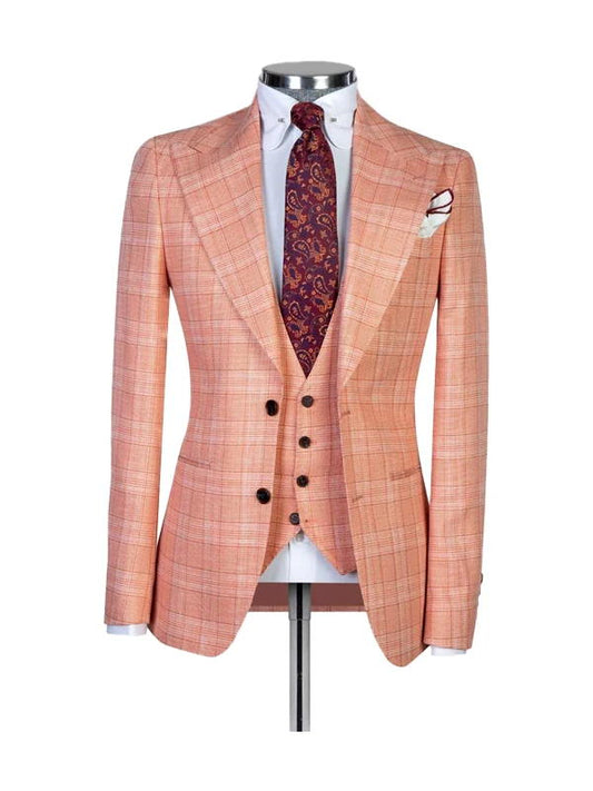 Orange Plaid Peak Lapel Single Breasted 3 Pieces Suits