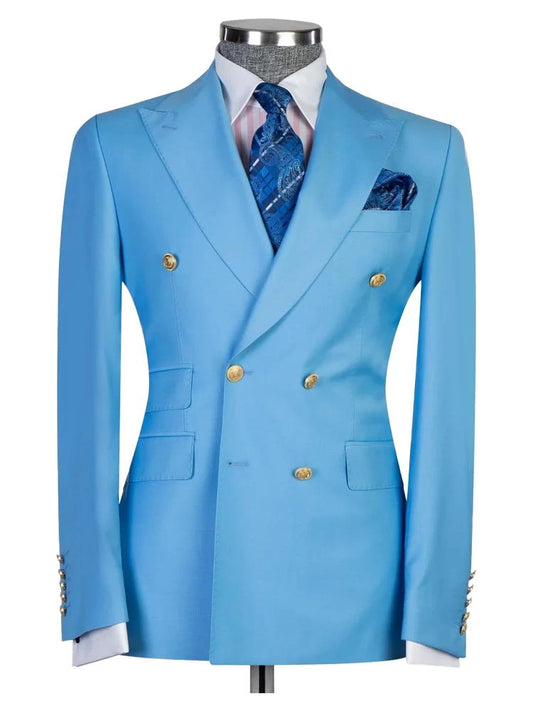 Light Blue Peak Lapel Double Breasted Gold Button Wedding Suit