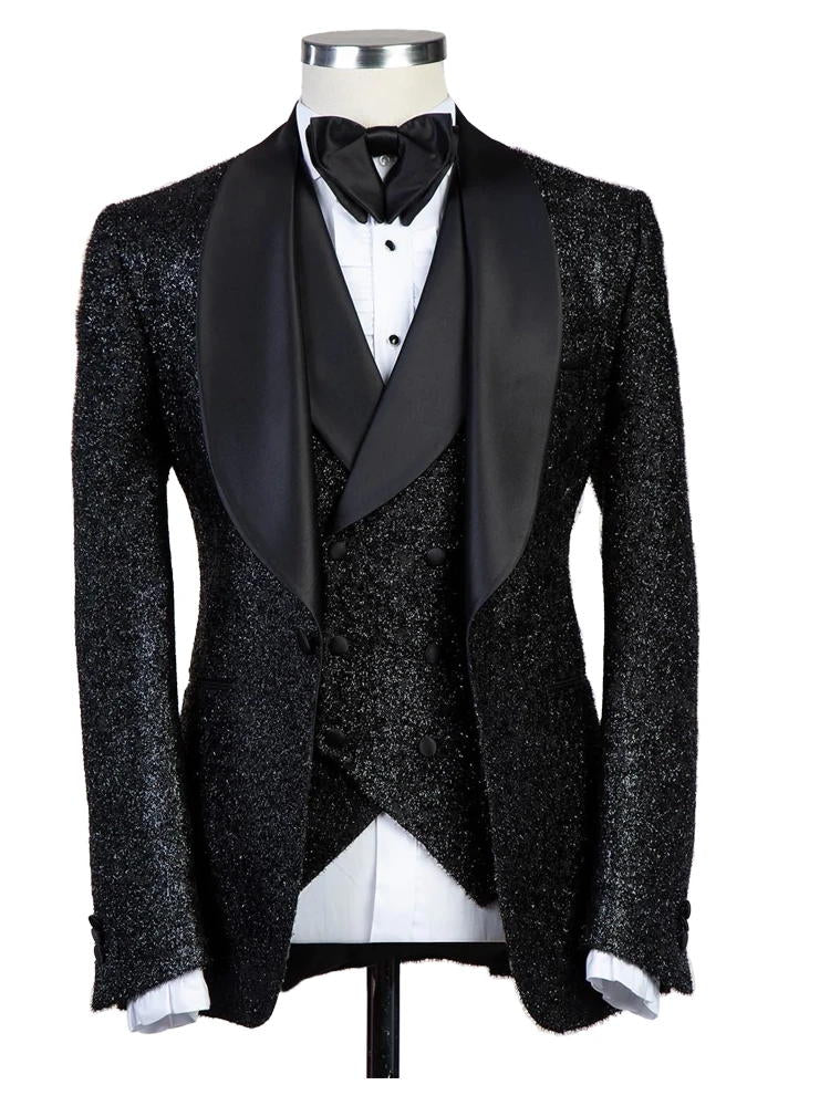 Black Three Pieces Shawl Lapel Bespoke Suit