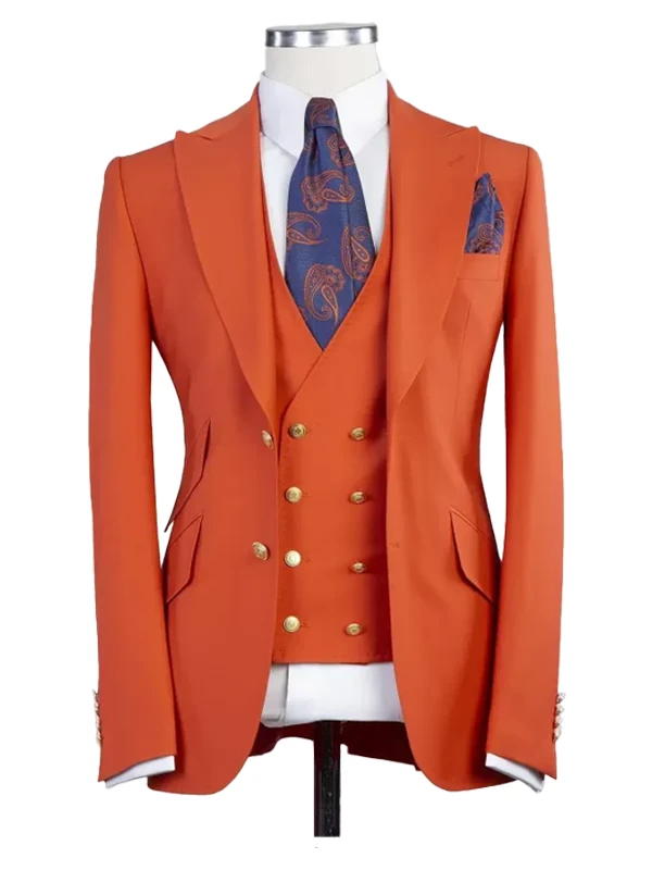 Orange Peak Lapel Men's 3 Piece Suit