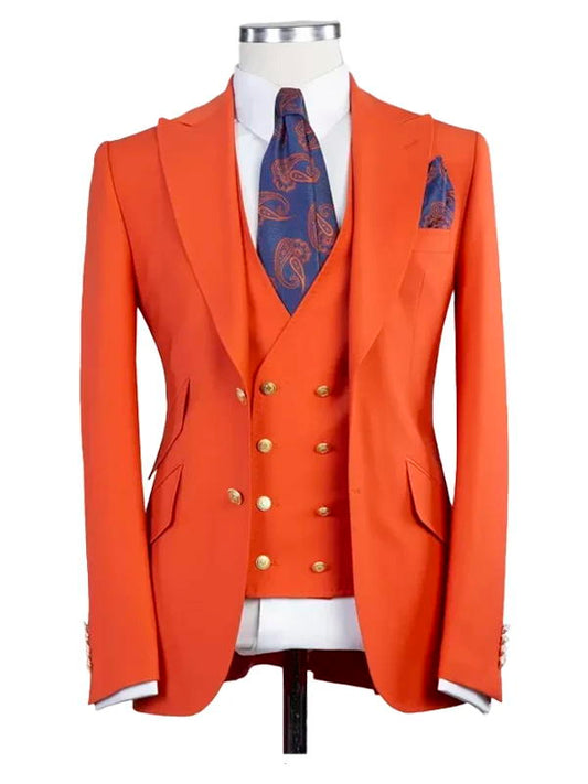 Orange Peak Lapel Men's 3 Piece Suit