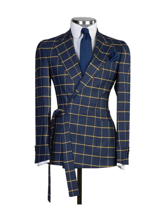 Navy Blue 2 Piece Fashion Belted Notch Lapel Plaid Suit