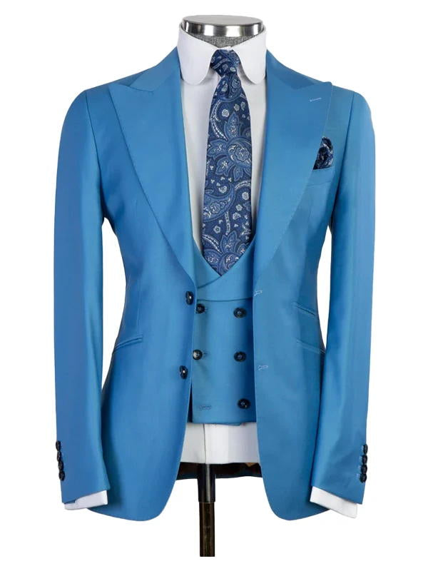 Blue Peaked Lapel 3 Pieces Men Suits