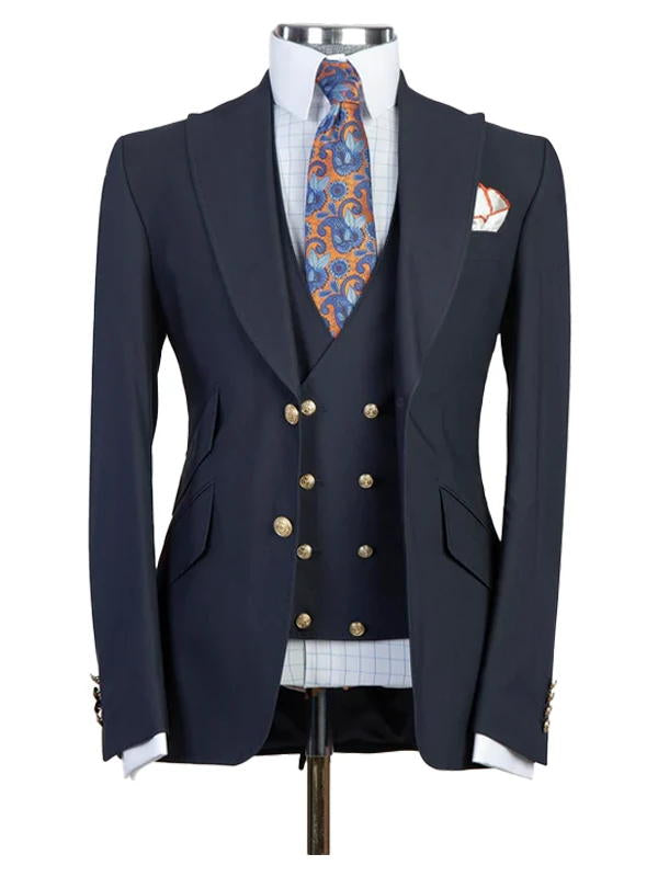 Dark Blue Peak Lapel Men's 3 Piece Suit