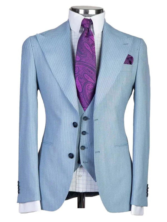 Light Blue Stripe 3 Pieces Suit Peak Lapel Single Breasted Suits