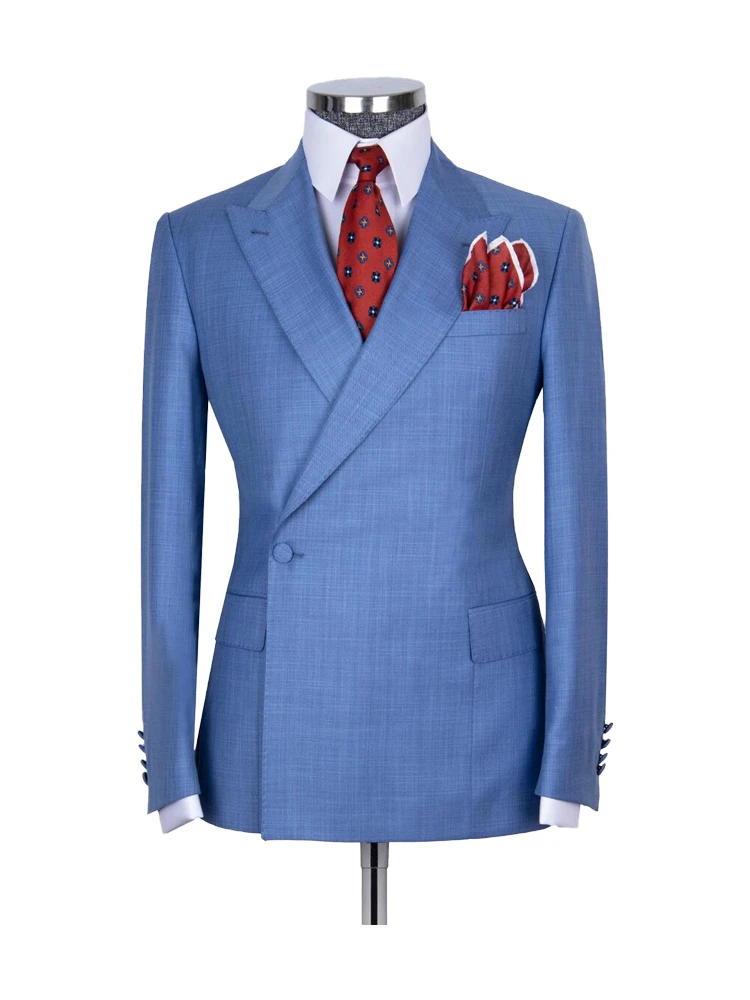 Blue 2 Piece Classic Peak Lapel Side Button Suit