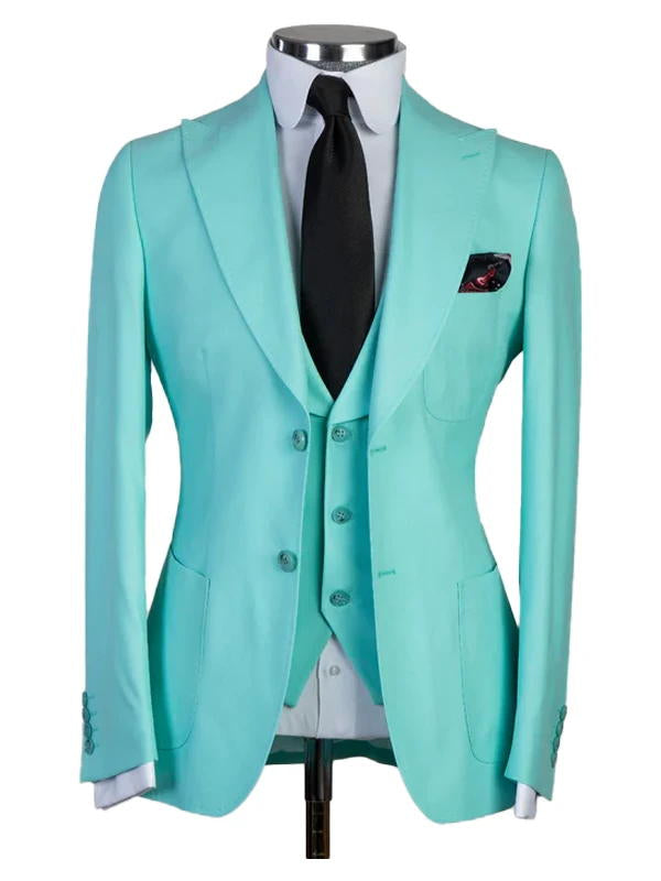 Sky Blue Three Pieces Peaked Lapel Prom Suits