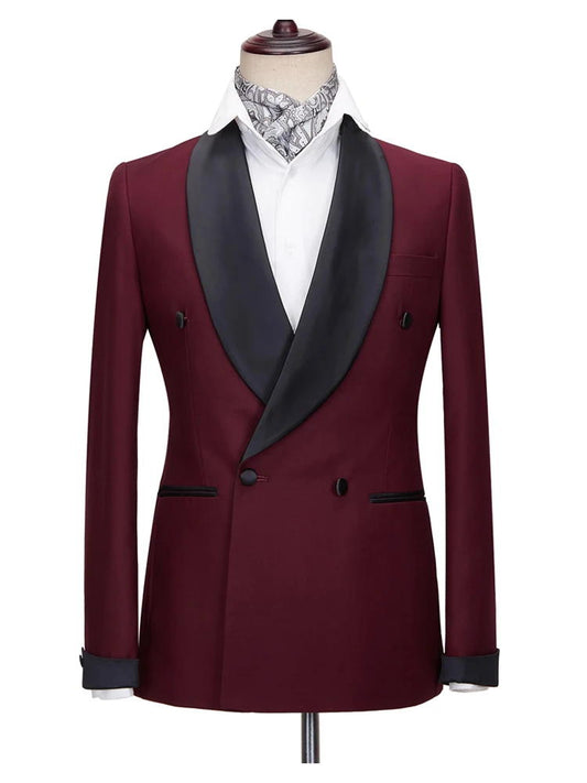 Burgundy Double Breasted Slim Fit Wedding Tuxedo 2 Piece Suit