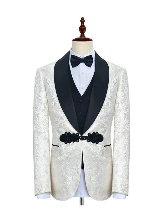 White Jacquard Knitted Button with Black Shawl Lapel Wedding Tuxedo for Men