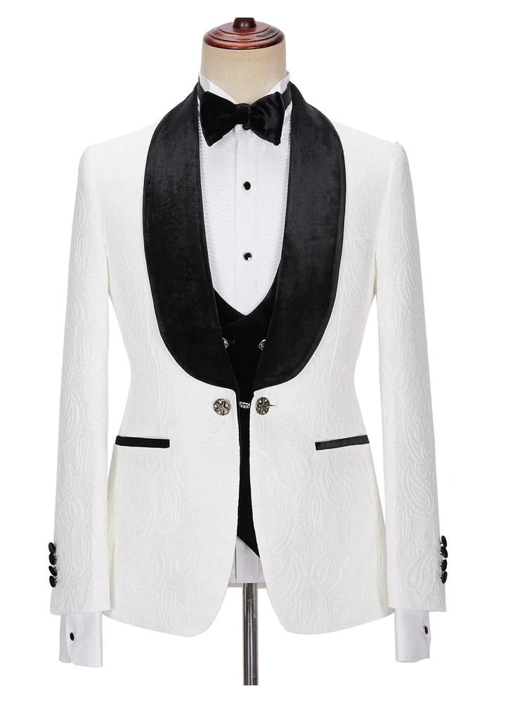 White Shawl Lapel Jacquard Chic Wedding Men Suit