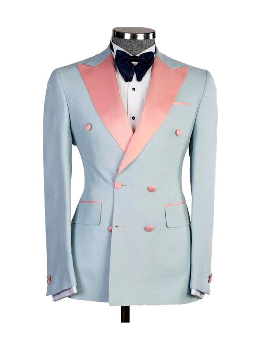 Light Blue 2 Piece Chic Double Breasted Wedding Suit For Party With Peaked Lapel