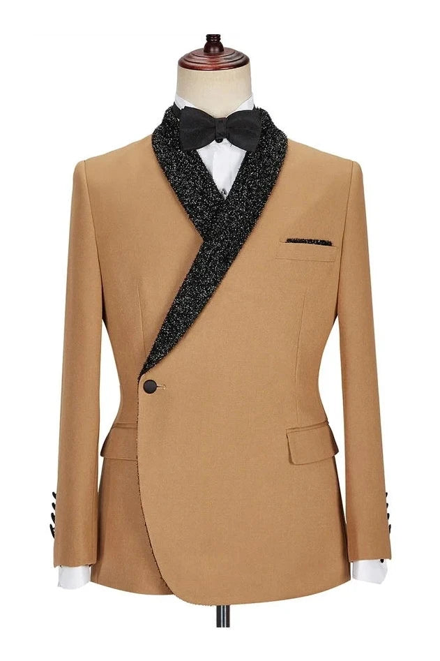 Khaki Sparkling  2 Piece Shawl Lapel One Button Suit