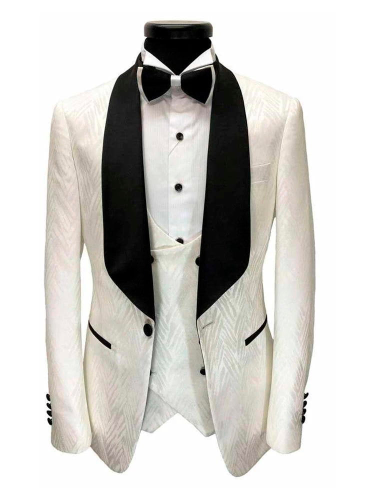 White Pattern Tuxedo with Black Shawl Lapel 3 Piece Suit