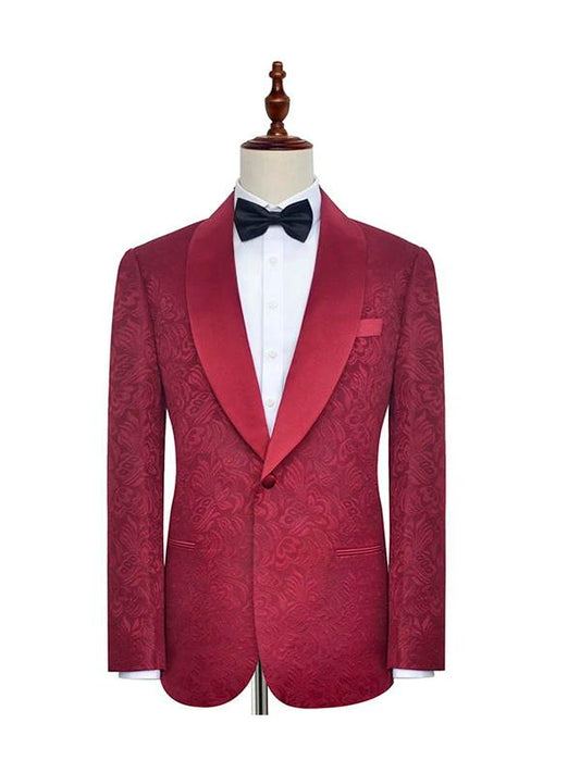 Burgundy Jacquard One Button Shawl Lapel Men's Suits for Wedding and Prom