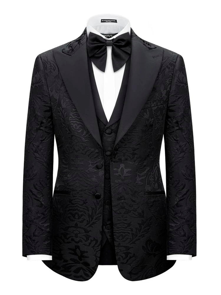 Black 3 Piece Unique Floral Wide Peak Label Modern Fit Tuxedo