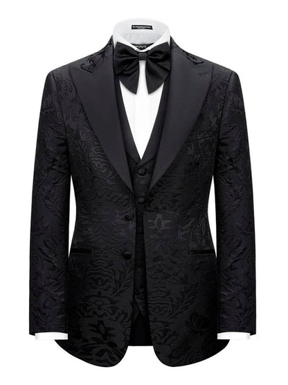 Black 3 Piece Unique Floral Wide Peak Label Modern Fit Tuxedo