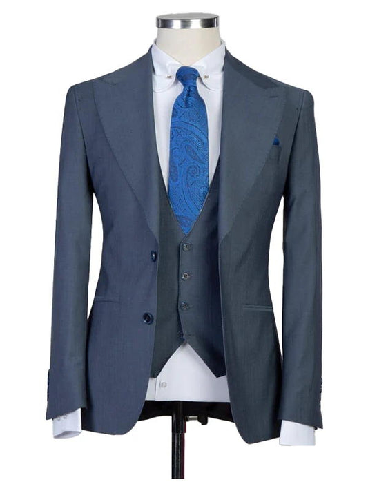 Blue 3 Pieces Suit Peak Lapel Single Breasted Tuxedos