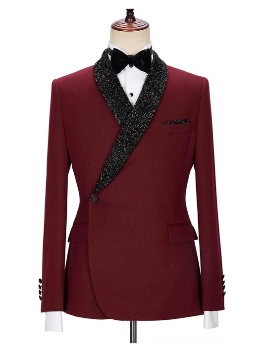 Burgundy Sparkle Shawl Lapel Two Piece Men Suits