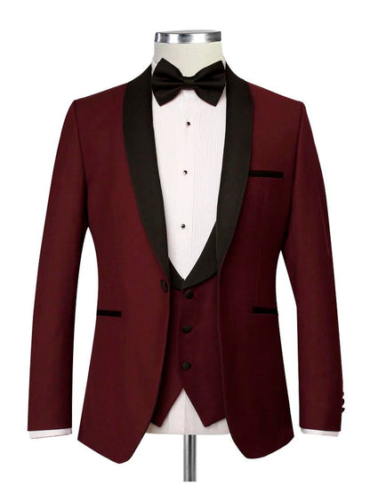 Burgundy Single Breasted Groom Wedding 3 Piece Suit