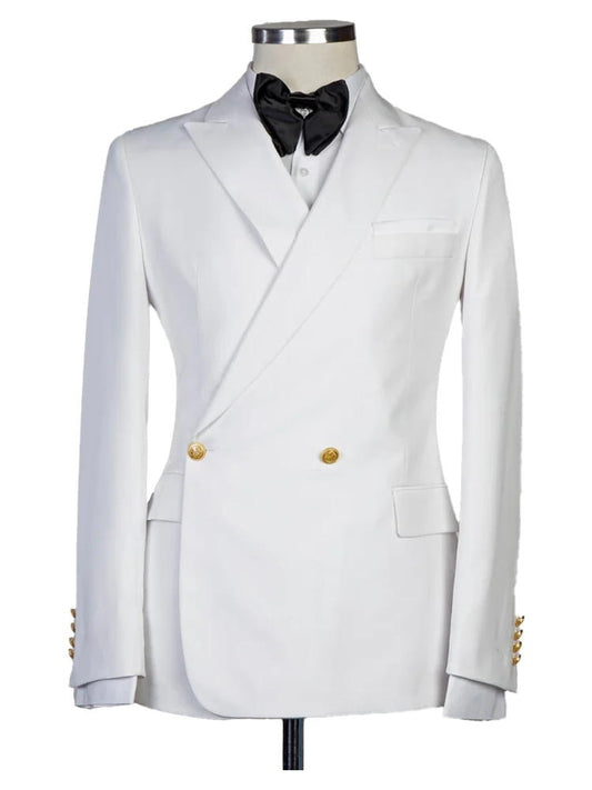 2 Piece Peak Lapel White Double Breasted Suit With Gold Button