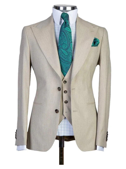 Beige Stripe 3 Pieces Suit Peak Lapel Single Breasted Tuxedos