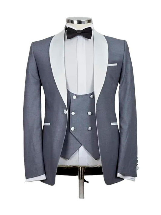 Silver 3 Piece White Shawl Lapel Classic Suit